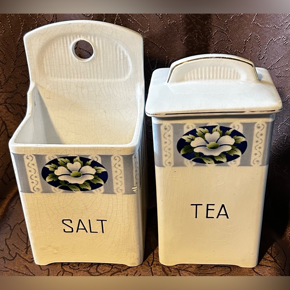 vintage ceramic canister set,hanging salt container and a covered tea container